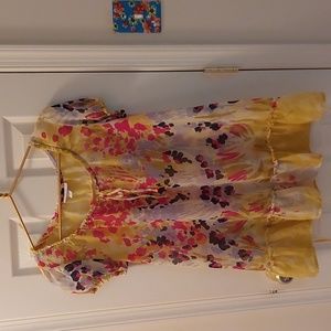 Sheer multi colored maternity top. Cap shelves with tie at neck and around waist